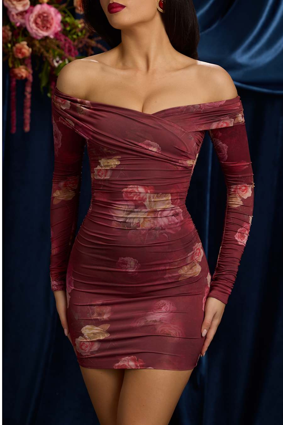 Rosanna Off-Shoulder Ruched Mini Dress in Maroon Floral Print