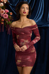 Rosanna Off-Shoulder Ruched Mini Dress in Maroon Floral Print