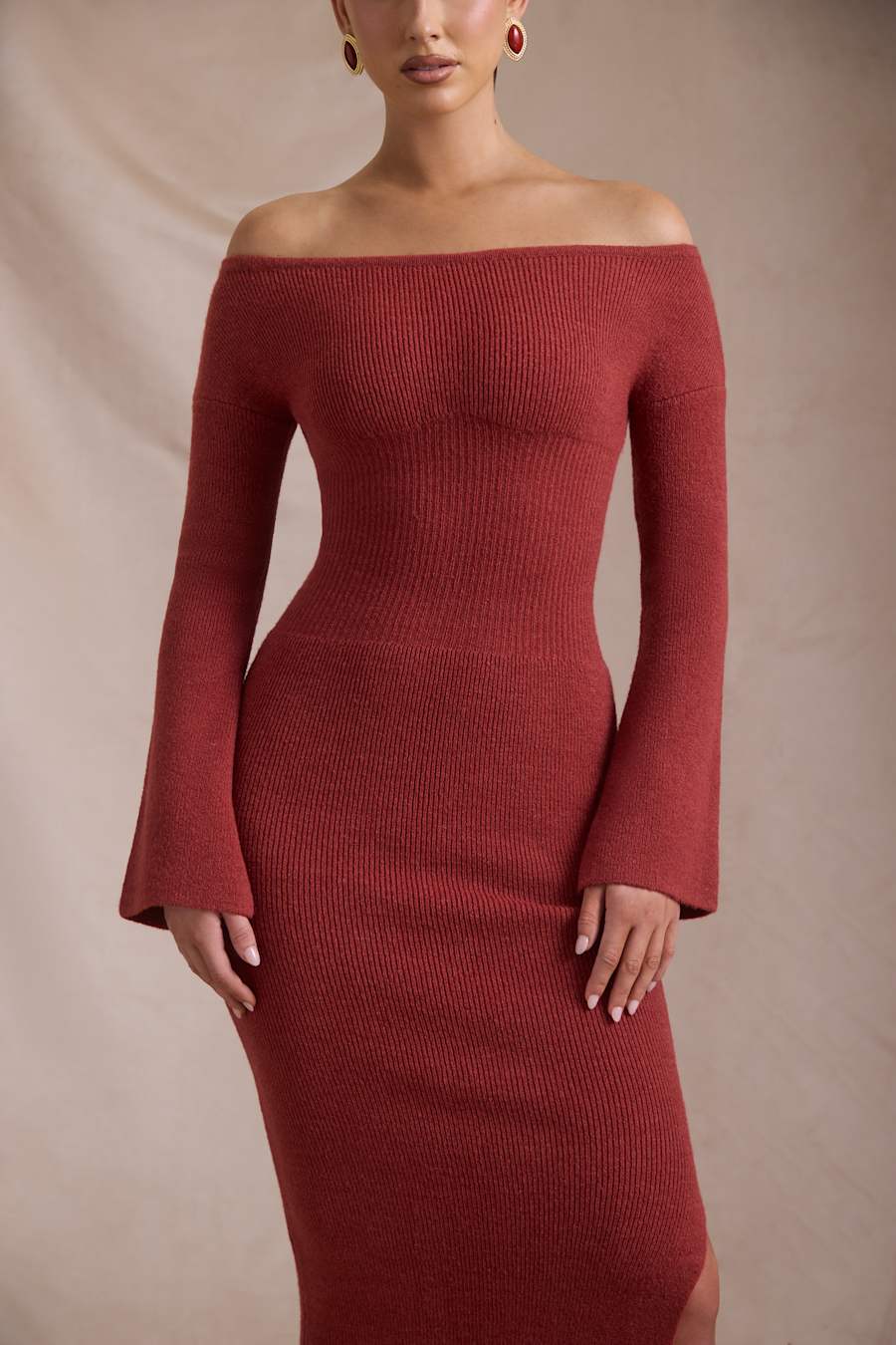 Terneigh Ribbed-Knit Off-Shoulder Maxi Dress in Brick Red