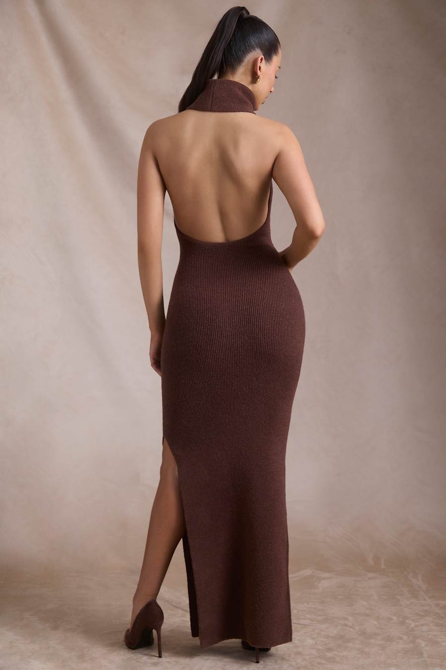 Calissa Ribbed-Knit Turtleneck Backless Maxi Dress in Espresso