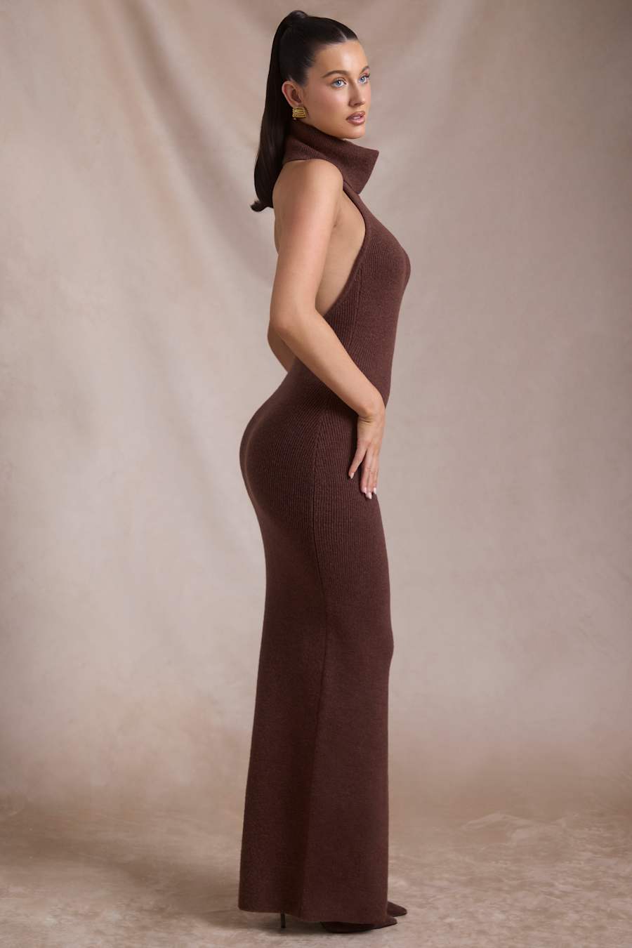 Calissa Ribbed-Knit Turtleneck Backless Maxi Dress in Espresso