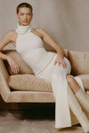 Calissa Ribbed-Knit Turtleneck Backless Maxi Dress in Ivory