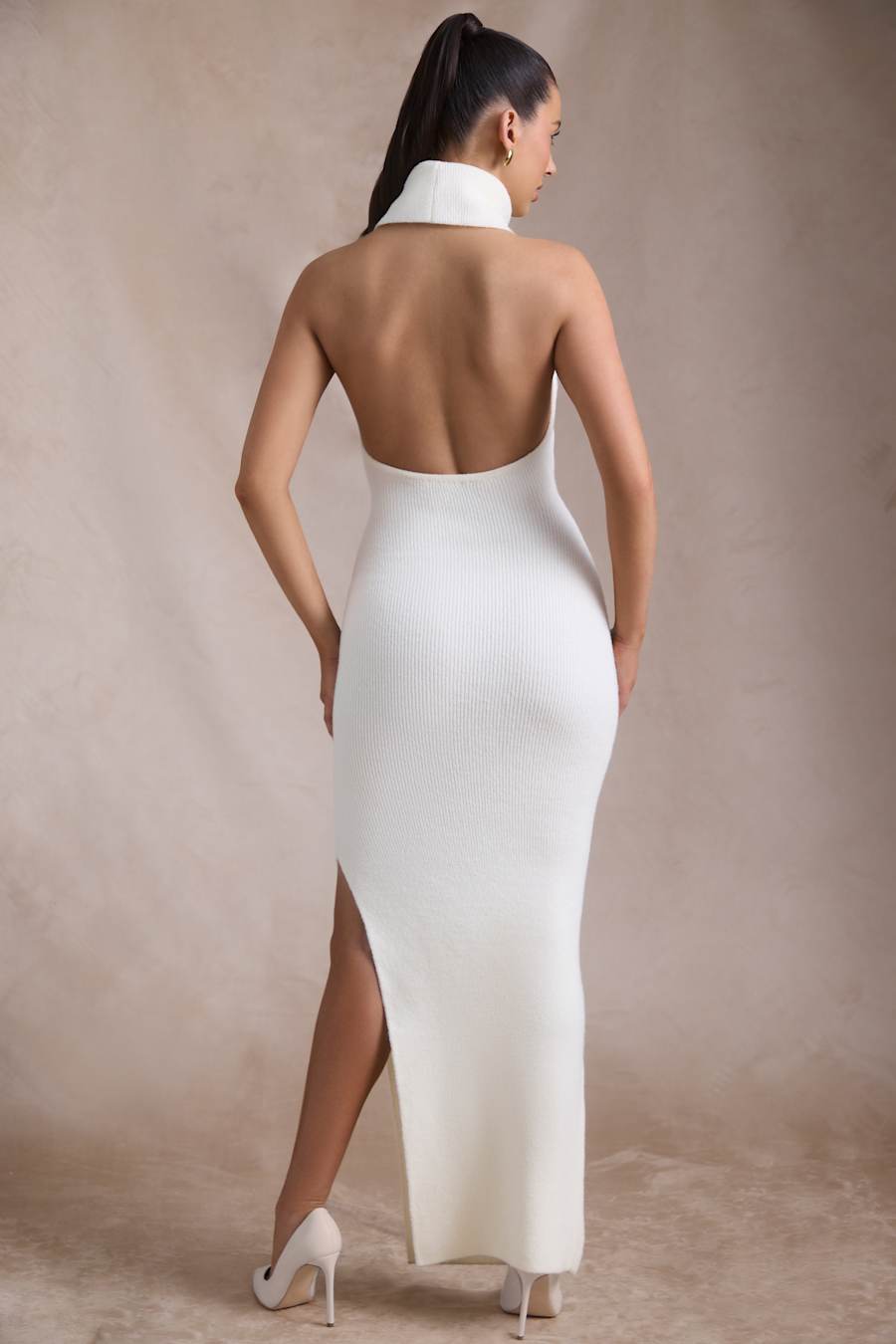 Calissa Ribbed-Knit Turtleneck Backless Maxi Dress in Ivory