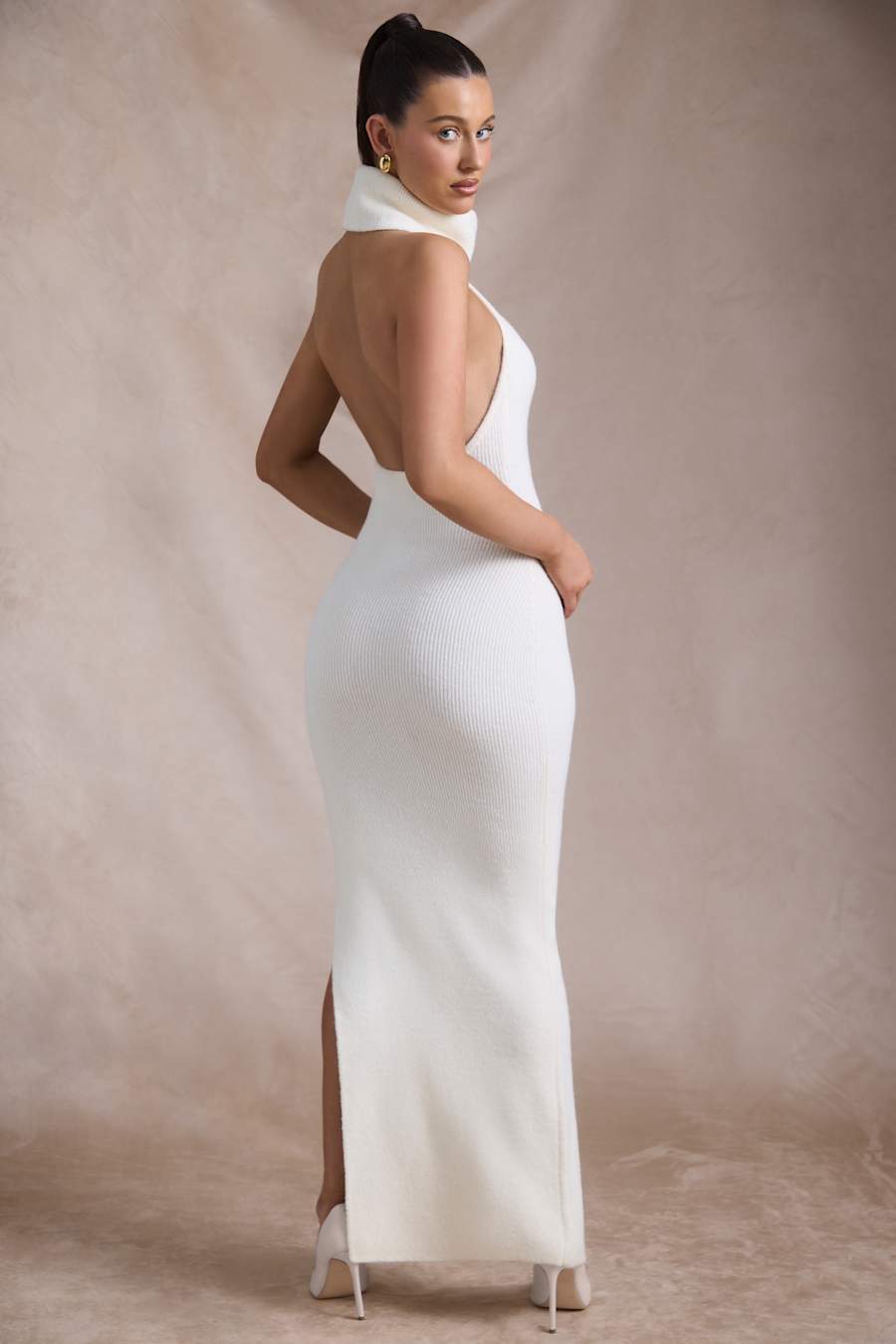 Calissa Ribbed-Knit Turtleneck Backless Maxi Dress in Ivory