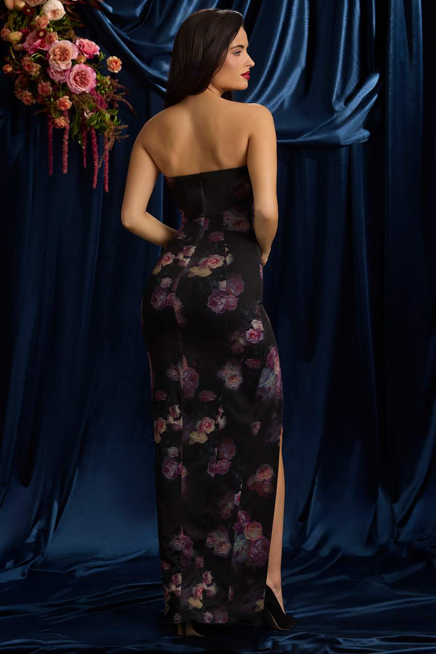 Somina Strapless Cowl-Neck Maxi Dress in Black  Floral Print