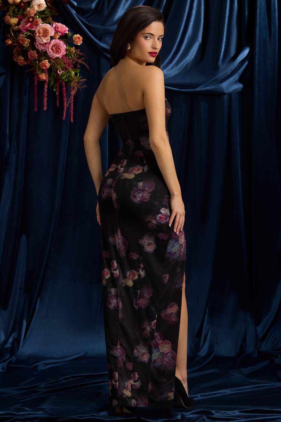 Somina Strapless Cowl-Neck Maxi Dress in Black  Floral Print