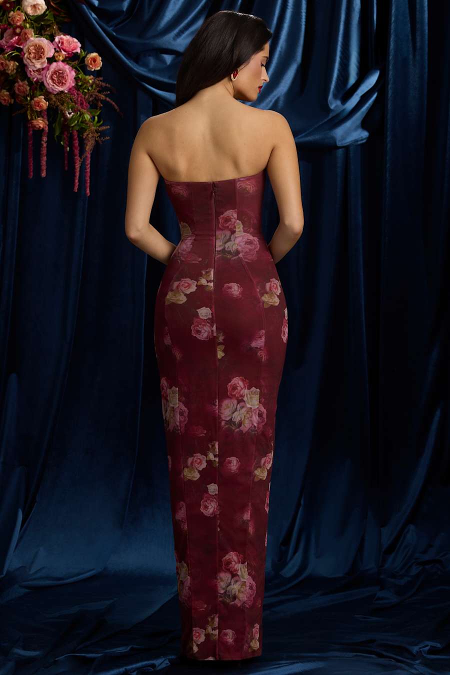 Somina Strapless Cowl-Neck Maxi Dress in Maroon Floral Print