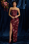 Somina Strapless Cowl-Neck Maxi Dress in Maroon Floral Print