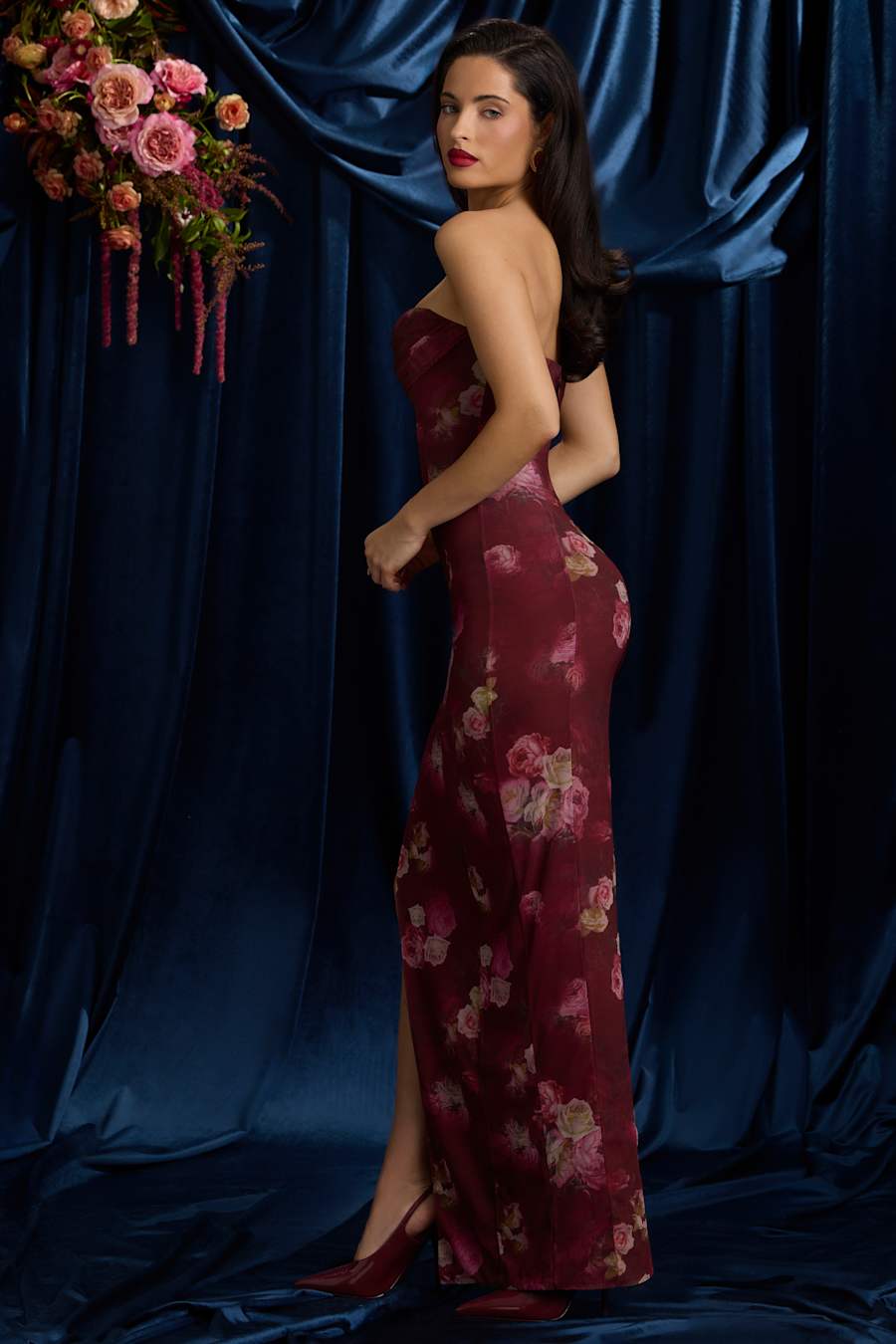 Somina Strapless Cowl-Neck Maxi Dress in Maroon Floral Print