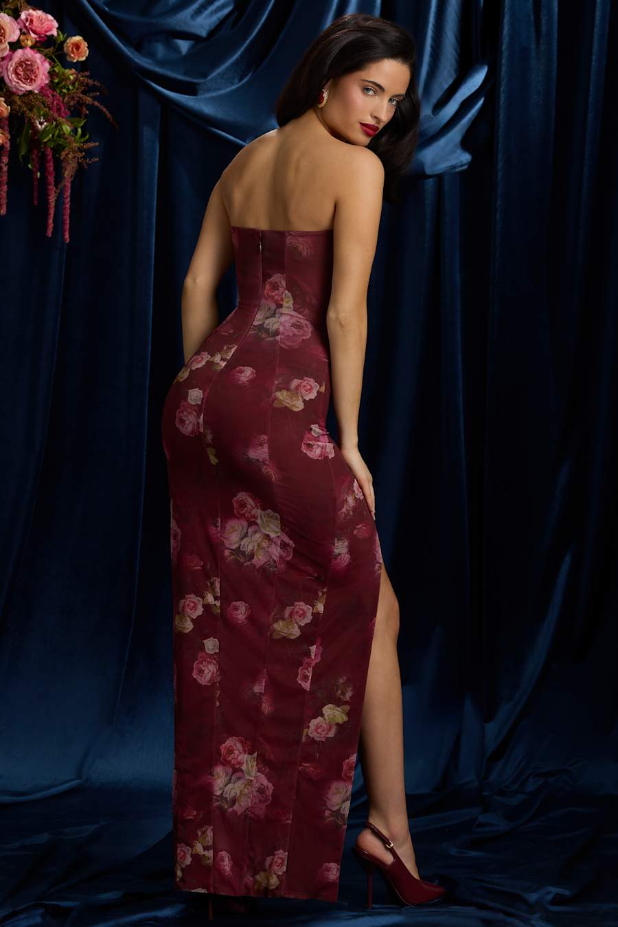 Somina Strapless Cowl-Neck Maxi Dress in Maroon Floral Print